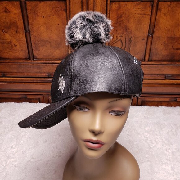 Vtg Y2K U.S. Polo Assn Black Faux Leather Cap Hat Pom Pom Adjustable Strap main image 4